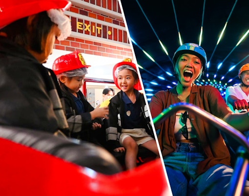 Children in firefighter uniforms role-playing at KidZania fire rescue.