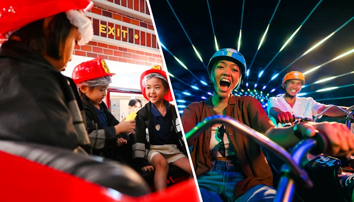 Children in firefighter uniforms role-playing at KidZania fire rescue.
