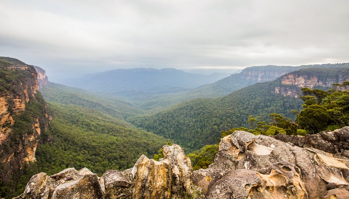 Jamison Valley and Blue Mountains National Park view with cable car in foreground.