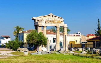 Ancient Greek ruins with columns in Roman Agora, Athens.