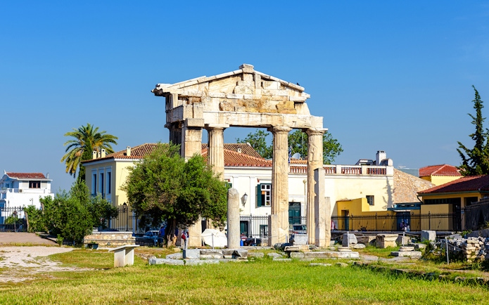 Ancient Greek ruins with columns in Roman Agora, Athens.