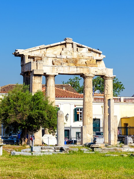 Ancient Greek ruins with columns in Roman Agora, Athens.