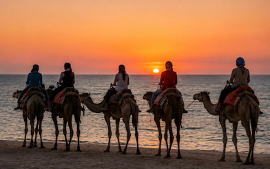 Camel riders at sunset along the Souss River in Agadir.
