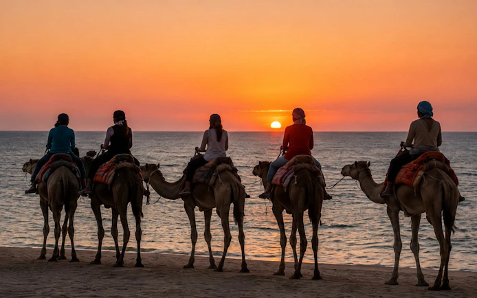 Camel riders at sunset along the Souss River in Agadir.