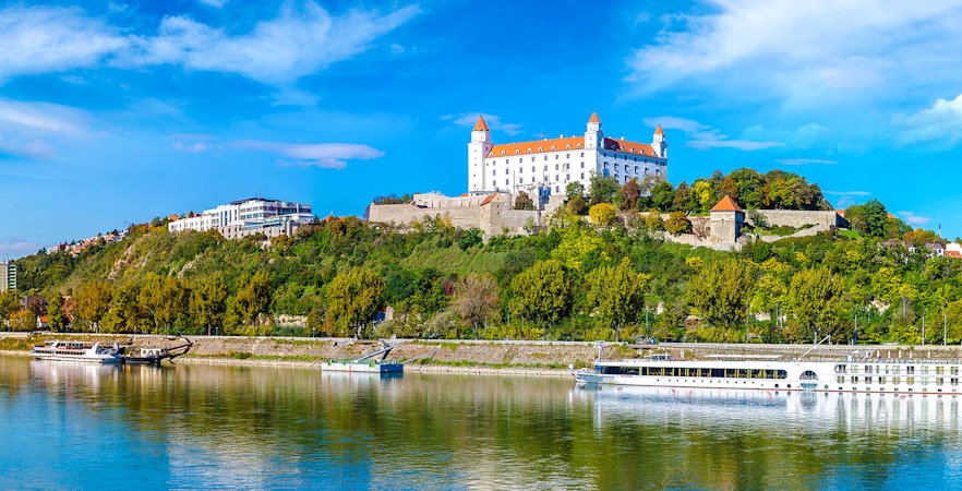 Bratislava Castle on a hill overlooking the Danube River in Slovakia.