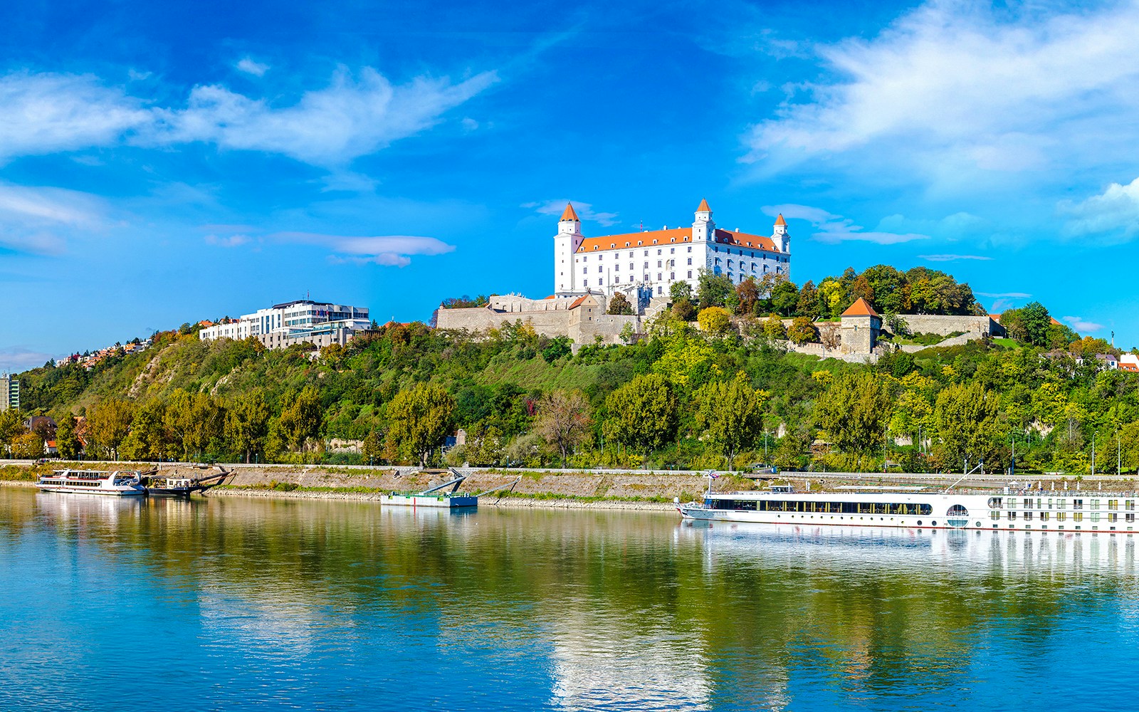 Bratislava Castle on a hill overlooking the Danube River in Slovakia.