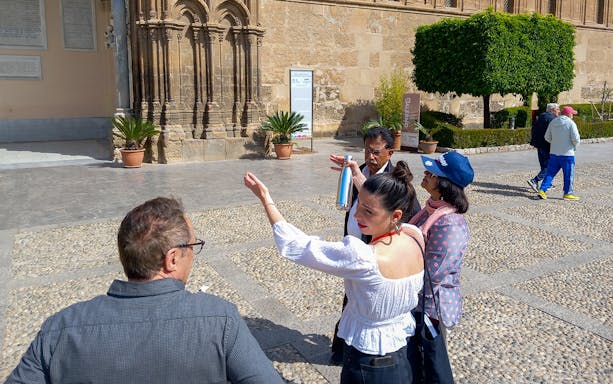 Tour guide leading a group near historic architecture in Palermo during a sky walk tour.