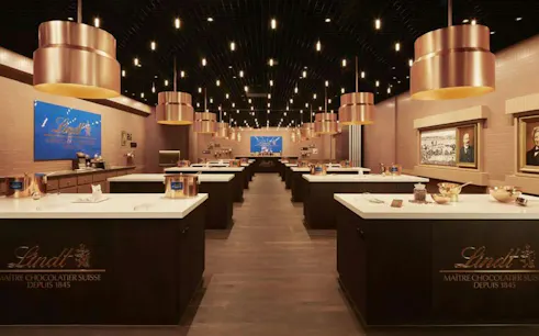 Lindt chocolate workshop interior with copper fixtures, Zurich.