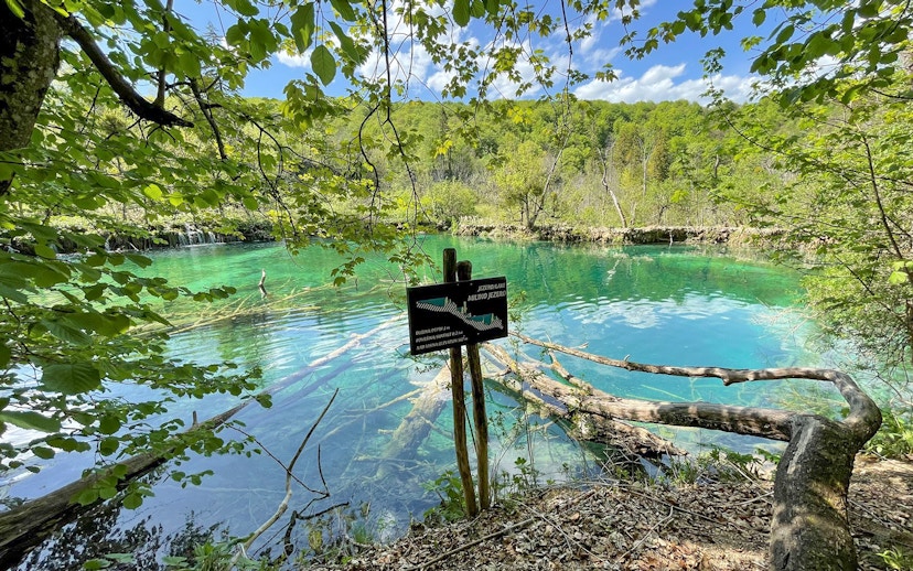 Plitvice Lakes National Park turquoise lake view with wooden sign and lush greenery.