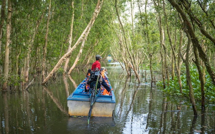 Motorboat navigating through lush trees in Mekong Delta.
