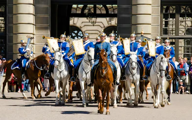 Royal guards on horseback during Changing of the Guard ceremony, Royal Palace, Stockholm.