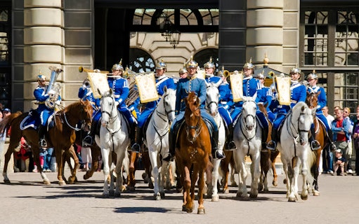 Royal guards on horseback during Changing of the Guard ceremony, Royal Palace, Stockholm.