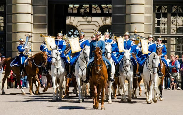 Royal guards on horseback during Changing of the Guard ceremony, Royal Palace, Stockholm.