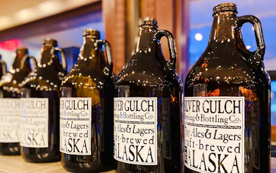 Silver Gulch Brewery growlers on display in Fairbanks, Alaska.