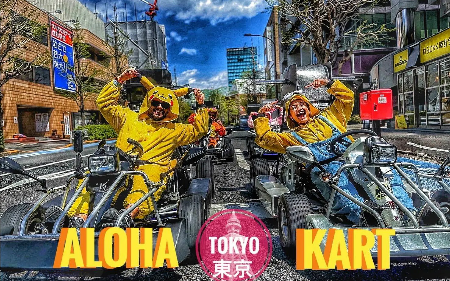 Tourists in colorful costumes go-karting on Tokyo streets.
