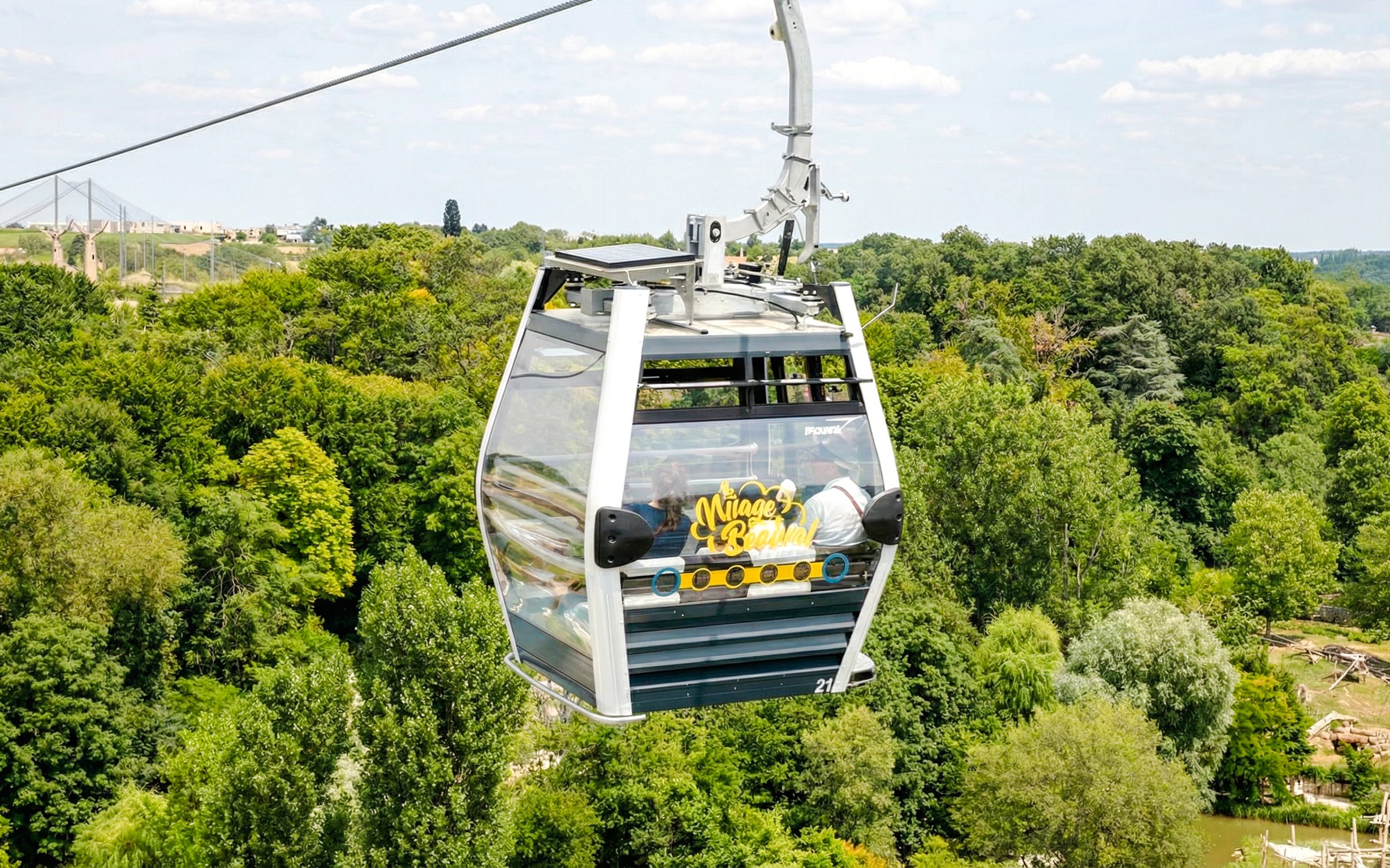 Cable car over Zooparc de Beauval, Loire Valley, France, with lush greenery below.
