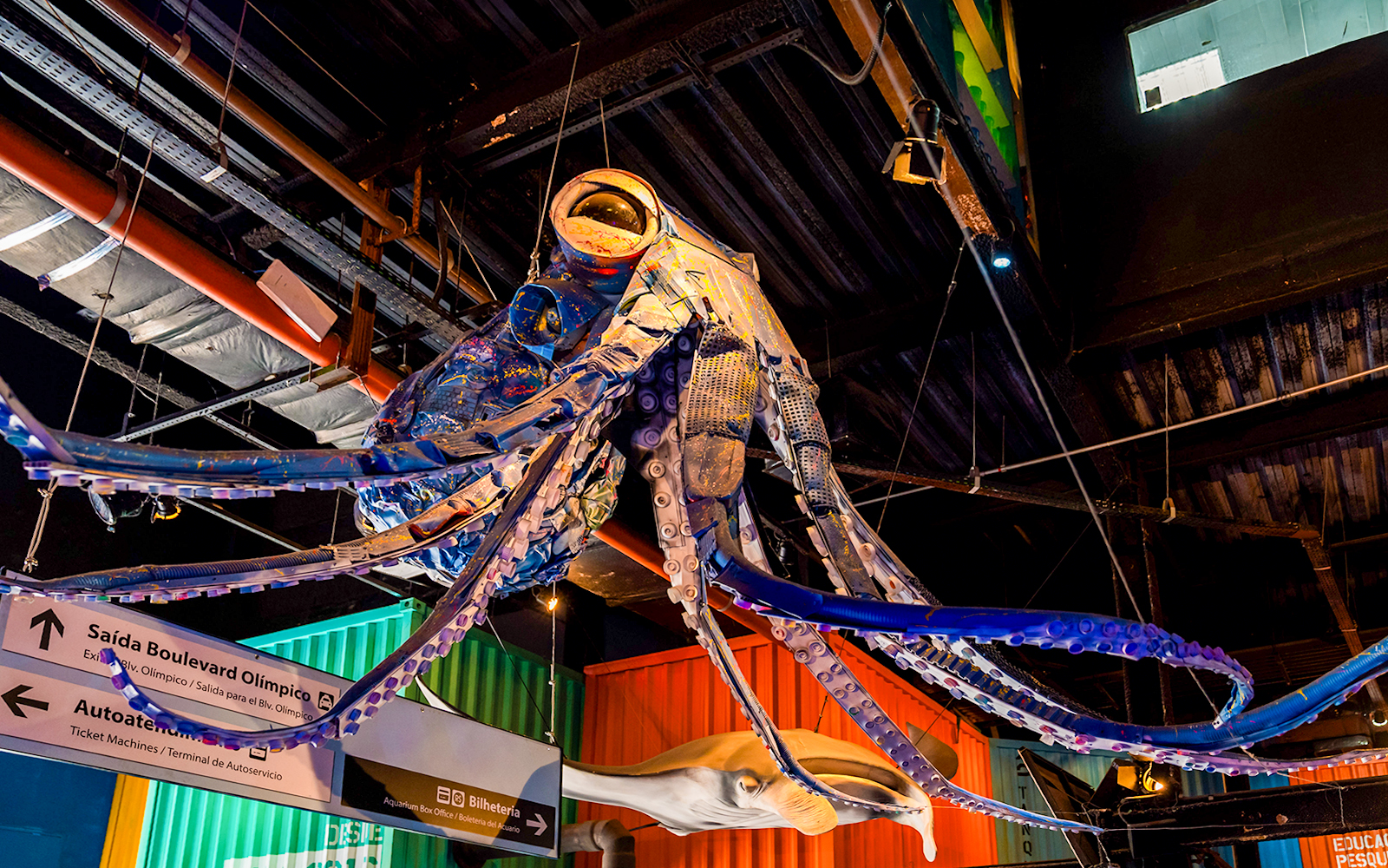 Octopus sculpture hanging inside AquaRio aquarium in Rio de Janeiro.
