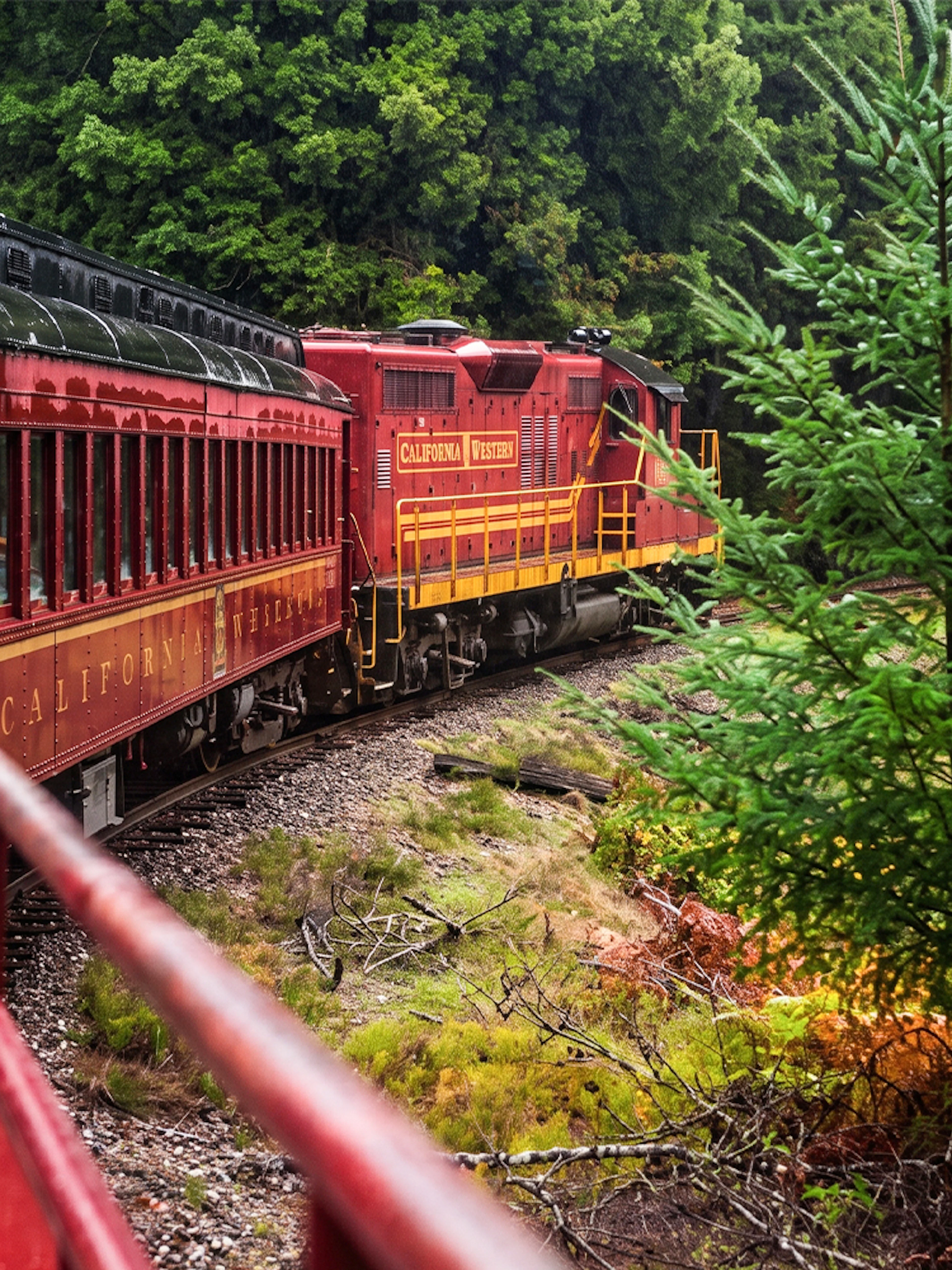 Historic train rounding a bend on Willits' Wolf Tree Turn tour through lush forest.