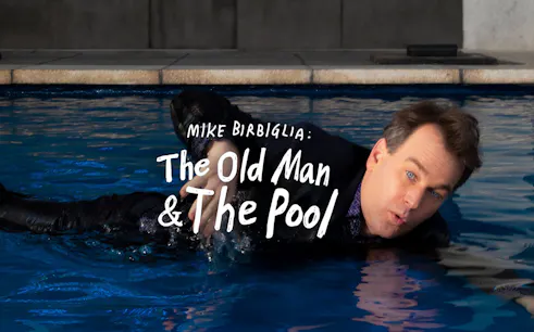 Man in a pool with text "The Old Man & the Pool" on the water surface.