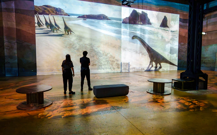 Visitors viewing dinosaur projections at Prehistoric Planet exhibition, Atelier des Lumières, Paris.