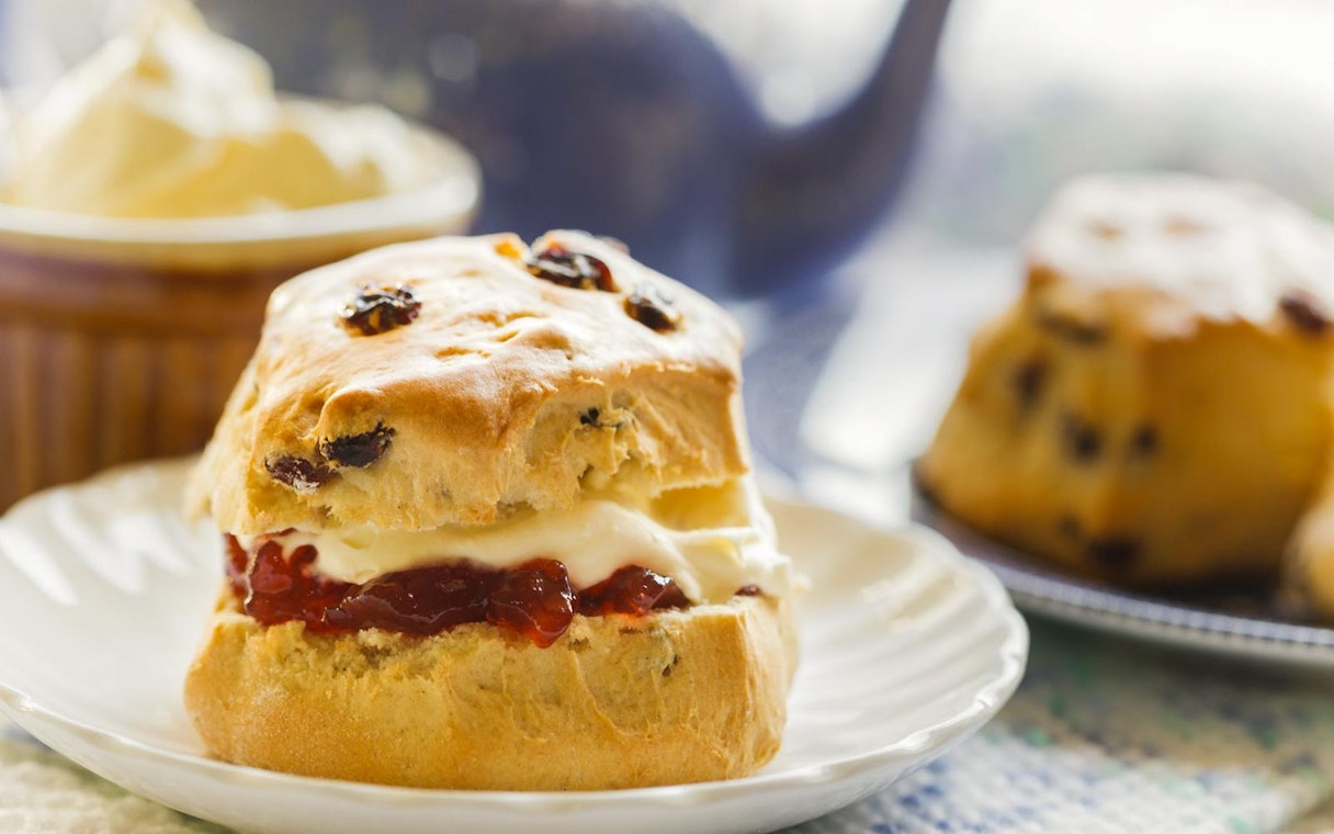 Scone with cream and jam served on a plate, part of a London Lake District day tour.