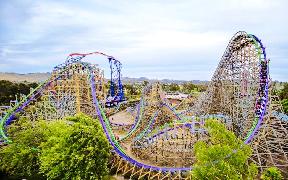Roller coaster track of The Joker at Six Flags Discovery Kingdom.