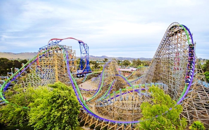 Roller coaster track of The Joker at Six Flags Discovery Kingdom.