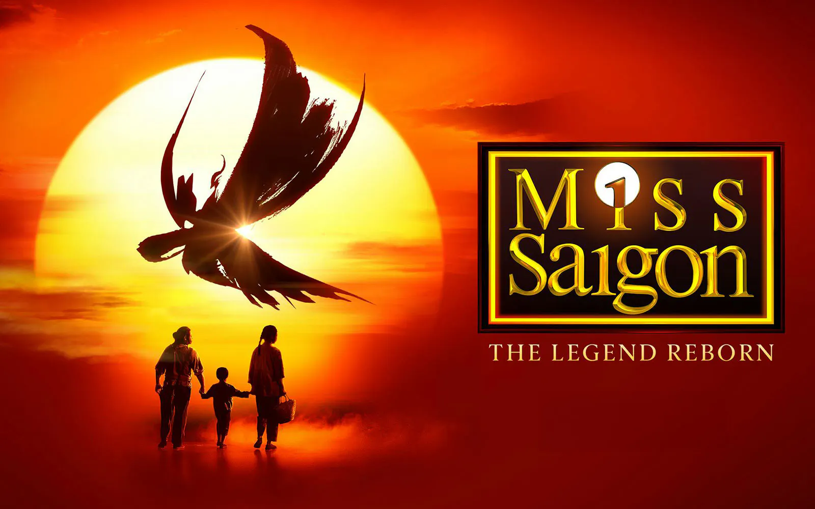 Miss Saigon poster with sunset and helicopter silhouette, Westend production.