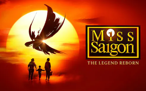 Miss Saigon poster with sunset and helicopter silhouette, Westend production.