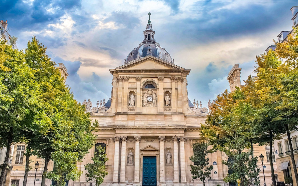 Sorbonne University facade in Paris, featured on the Latin Quarter self-guided audio tour.