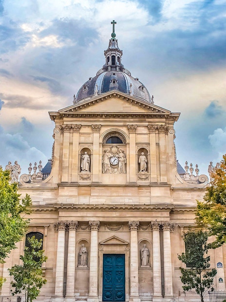 Sorbonne University facade in Paris, featured on the Latin Quarter self-guided audio tour.
