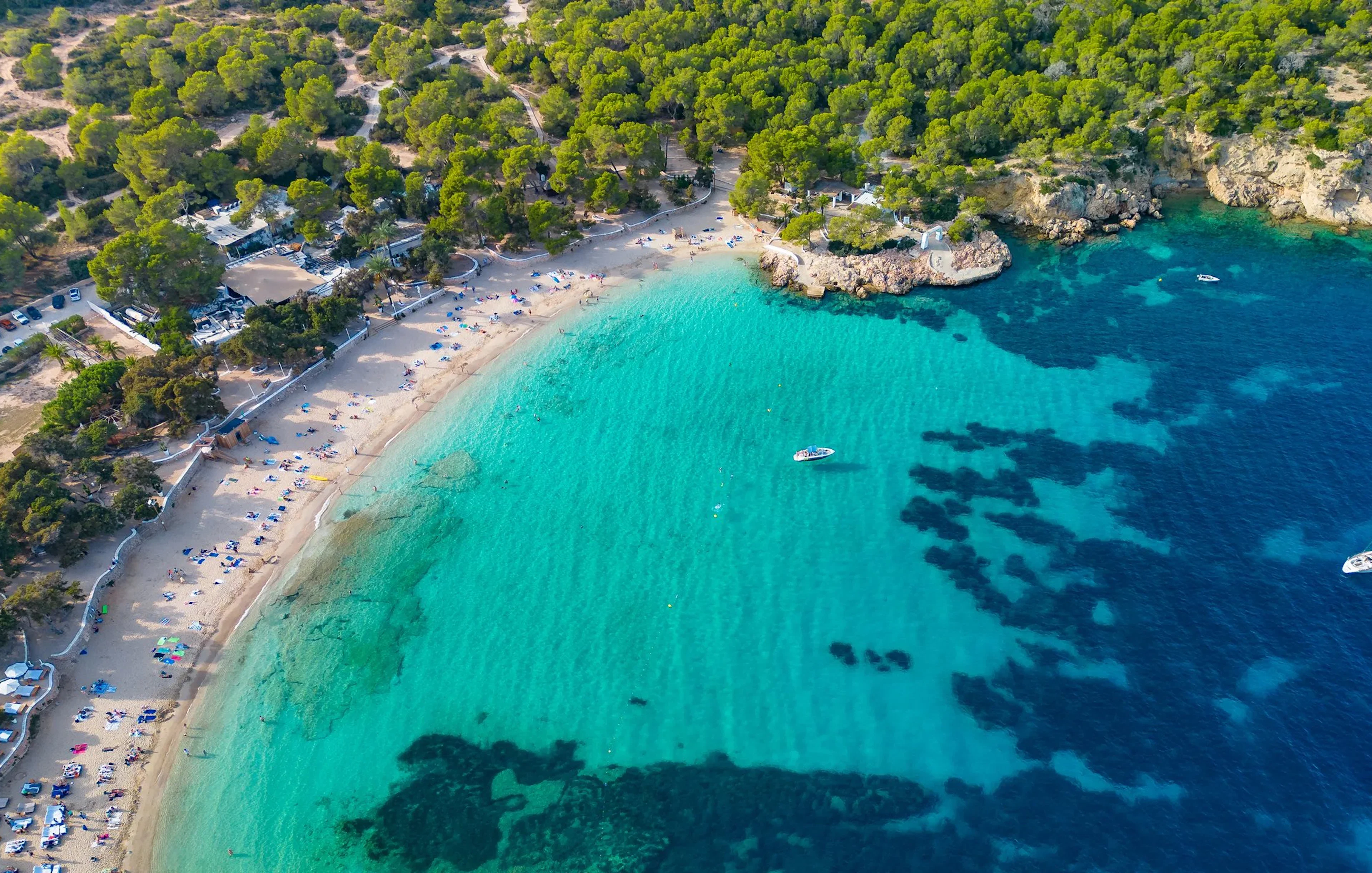 Aerial view of Cala Bassa beach with turquoise waters and surrounding greenery in Ibiza, Spain.
