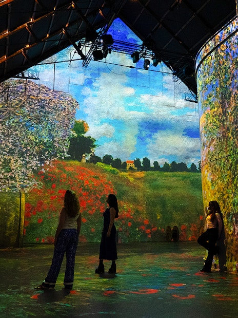 Monet's landscapes projected at Fabrique des Lumières exhibition, visitors observing.
