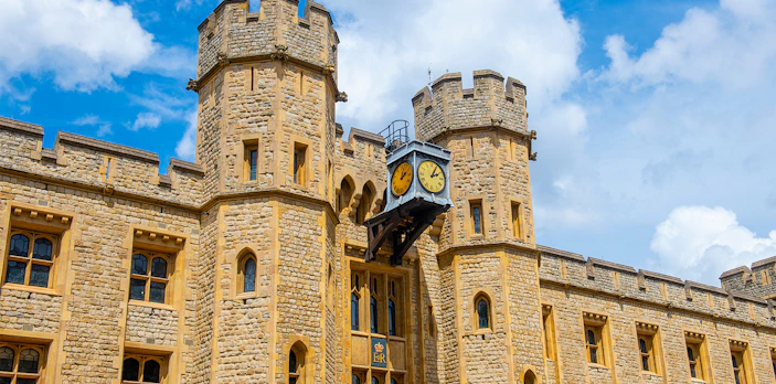 Waterloo Block at the Tower of London with prominent clock tower.