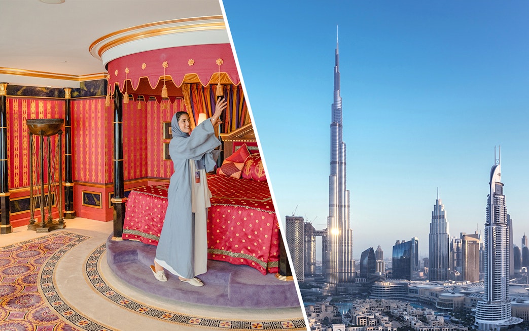 Inside Burj Al Arab suite and view of Burj Khalifa in Dubai.