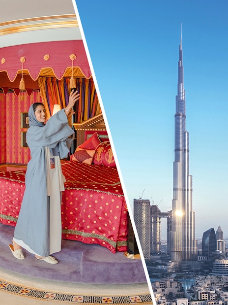 Inside Burj Al Arab suite and view of Burj Khalifa in Dubai.