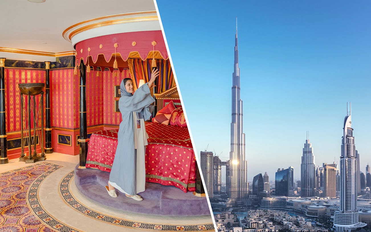 Inside Burj Al Arab suite and view of Burj Khalifa in Dubai.