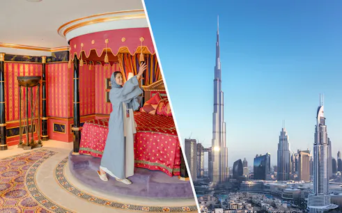 Inside Burj Al Arab suite and view of Burj Khalifa in Dubai.