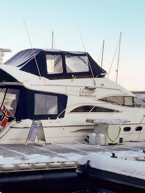 Whale watching boat docked in Skjervøy harbor, Norway.