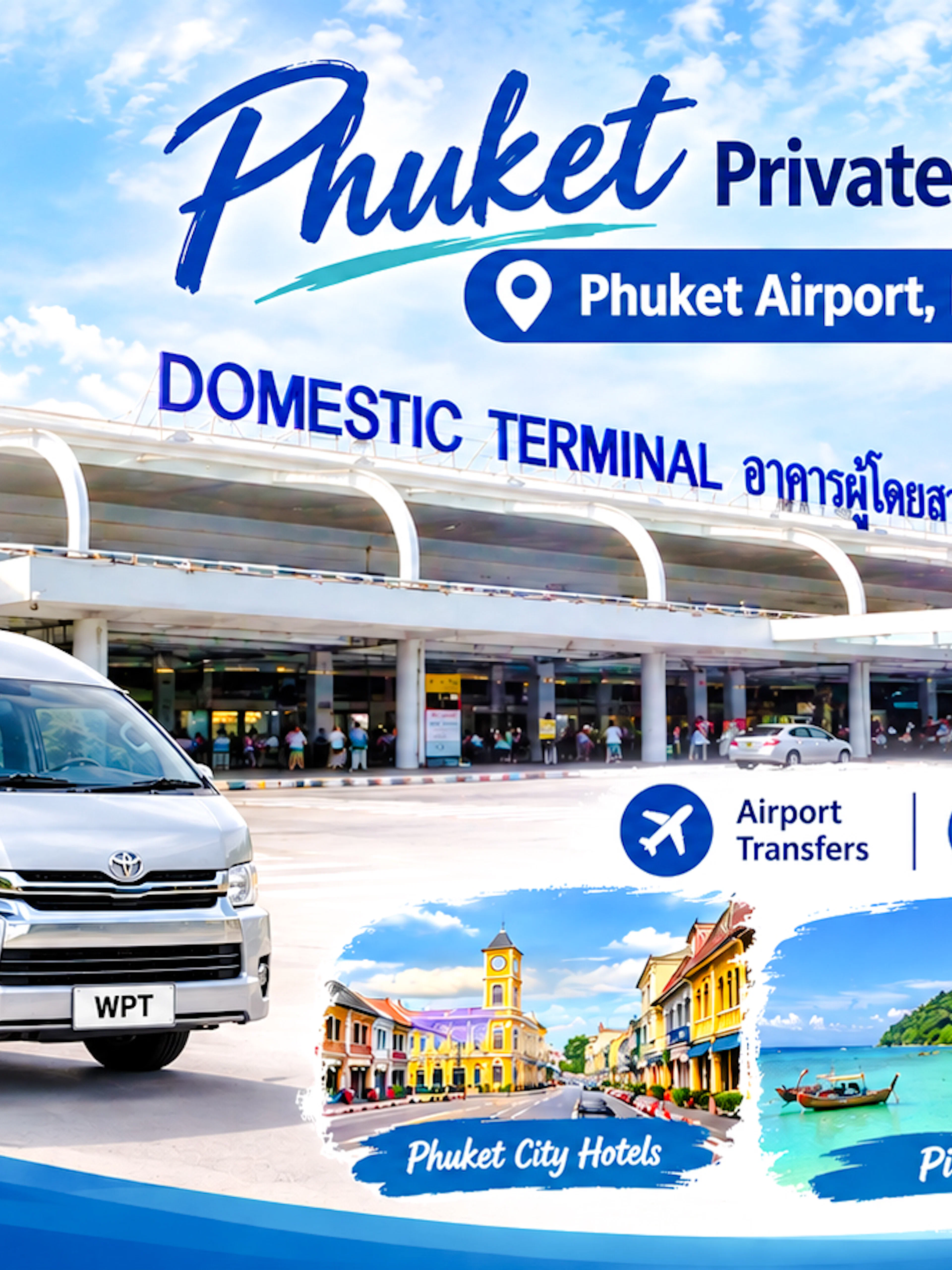 Phuket Airport transfer service with van and airplane at domestic terminal.