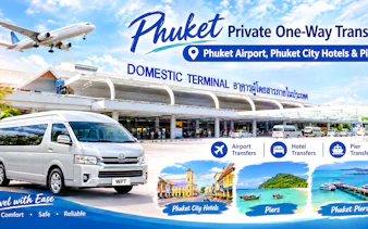 Phuket Airport transfer service with van and airplane at domestic terminal.