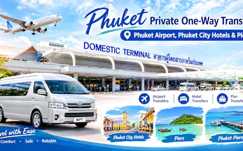 Phuket Airport transfer service with van and airplane at domestic terminal.
