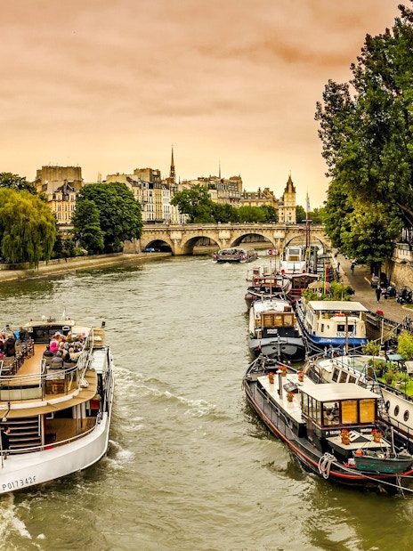 Seine River cruise boat passing under Paris bridge with cityscape in background.