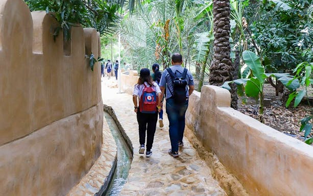 Group walking along a stone path in Hatta surrounded by lush greenery.