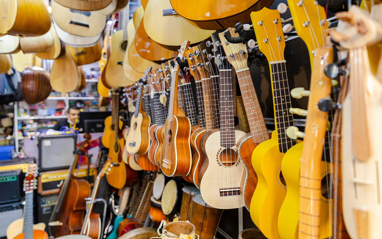 Musical instruments displayed on Galip Dede Street, Istanbul.