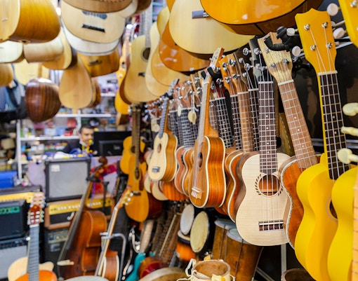 Musical instruments displayed on Galip Dede Street, Istanbul.