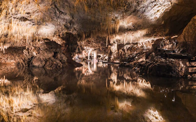 Stalactites reflected in still water inside Lake Cave, Margaret River.