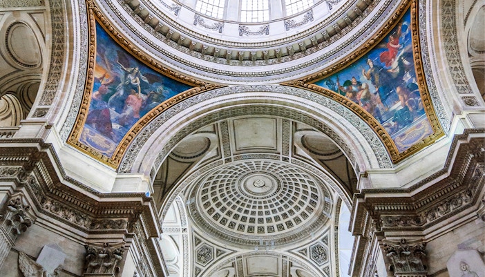 Pantheon frescoes depicting historical figures in Paris, France.
