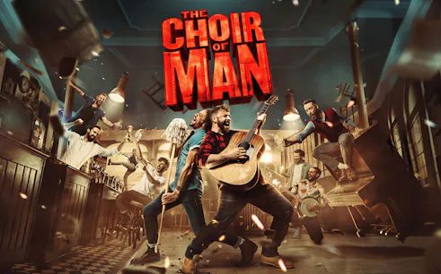 Performers energetically playing instruments and singing in The Choir of Man musical, Sydney.