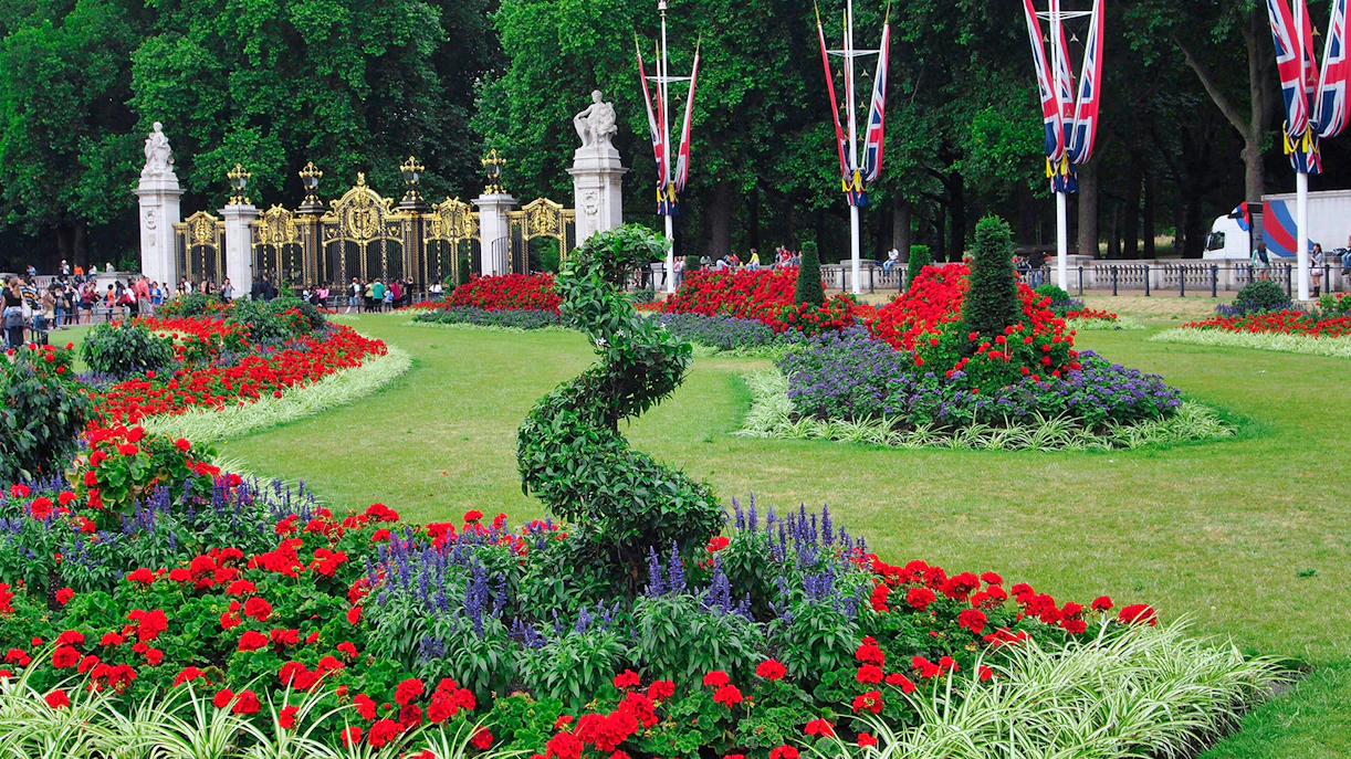 Buckingham Palace gardens with vibrant flowers and ornate gates designed by John Nash.